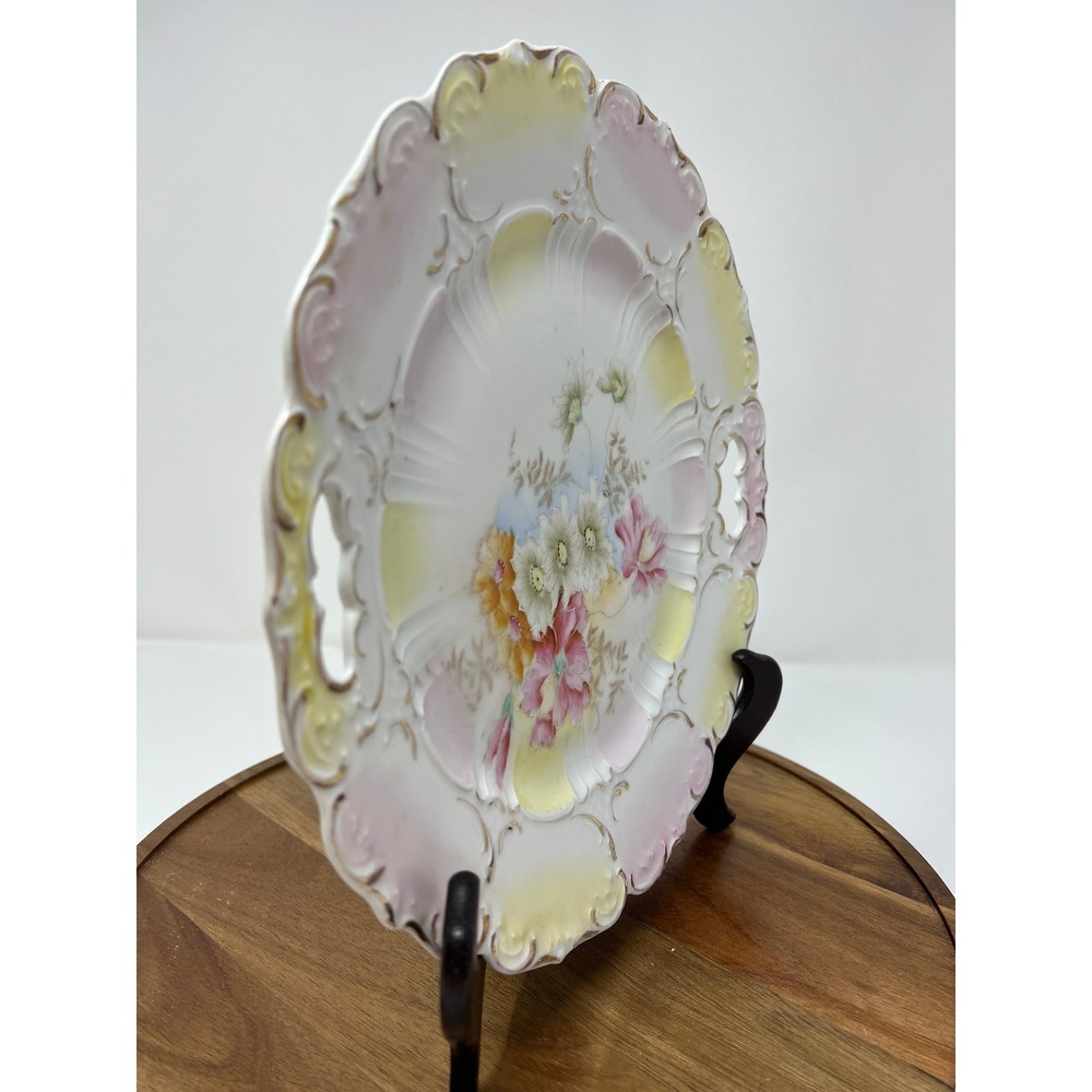 Antique Hand Painted Porcelain Plate Floral Design Scalloped Gold Trim - Picture 3 of 5